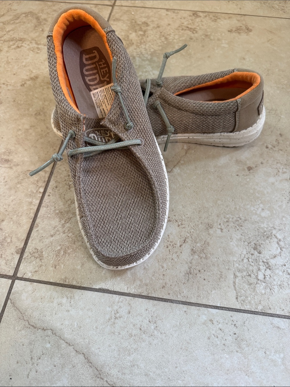 Hey Dude Taupe Knit Kids Slip-On Loafers with Orange Lining